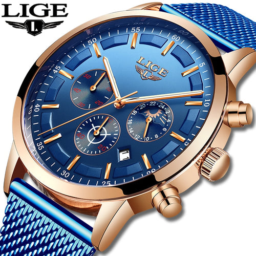 Relogio Masculino LIGE Luxury Quartz Watch for Men Blue Dial Watches Sports Watches Moon Phase Chronograph Mesh Belt Wrist Watch