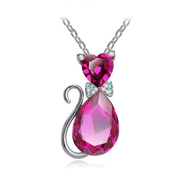 Cute Cat Pendant Necklace For Women Heart Crystal Jewelry Austrian Crystal Clavicle Chain Necklace