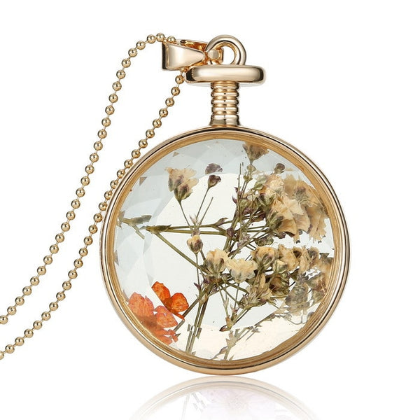 Round Glass Dried flower necklace Locket Inside Pendant Necklaces jewelry long sweater necklace drop shipping