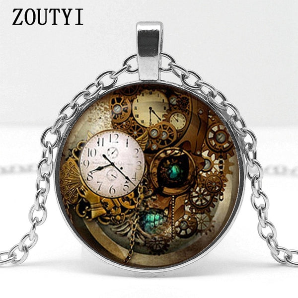 2018 / hot sale, steampunk gear clock and glass pendant necklace, best-selling men and women wear jewelry.
