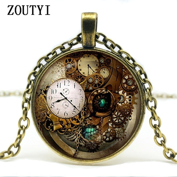 2018 / hot sale, steampunk gear clock and glass pendant necklace, best-selling men and women wear jewelry.