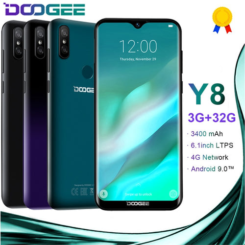 DOOGEE Y8 Android 9.0 4G LTE 6.1inch 19:9 Waterdrop LTPS Screen Smartphone MTK6739 3GB RAM 32GB ROM 3400mAh Dual SIM 8.0MP