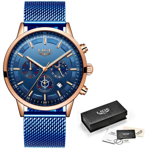 Relogio Masculino LIGE Luxury Quartz Watch for Men Blue Dial Watches Sports Watches Moon Phase Chronograph Mesh Belt Wrist Watch